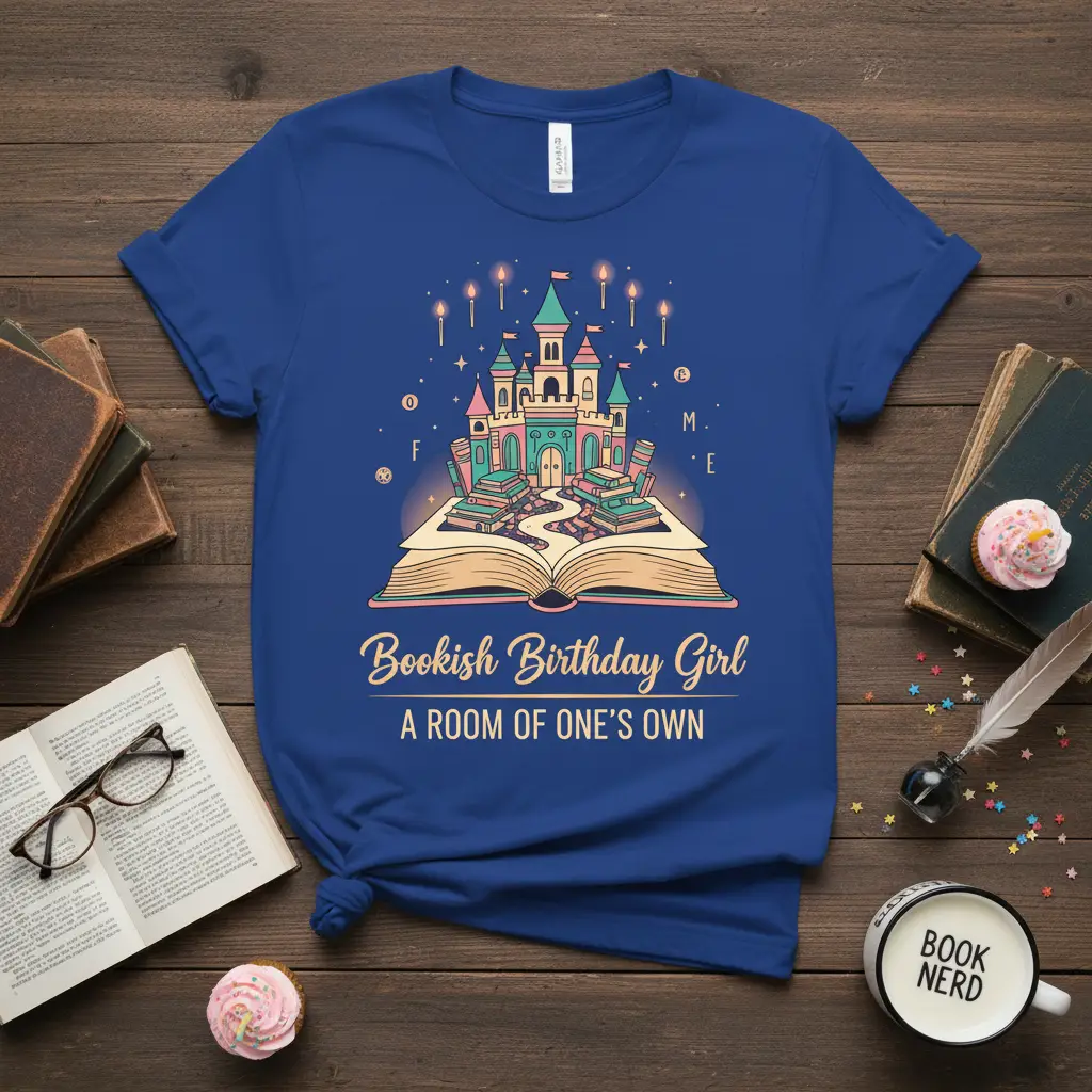 Bookish Birthday Girl A Room Of One's Own quote with a castle on an open book graphic