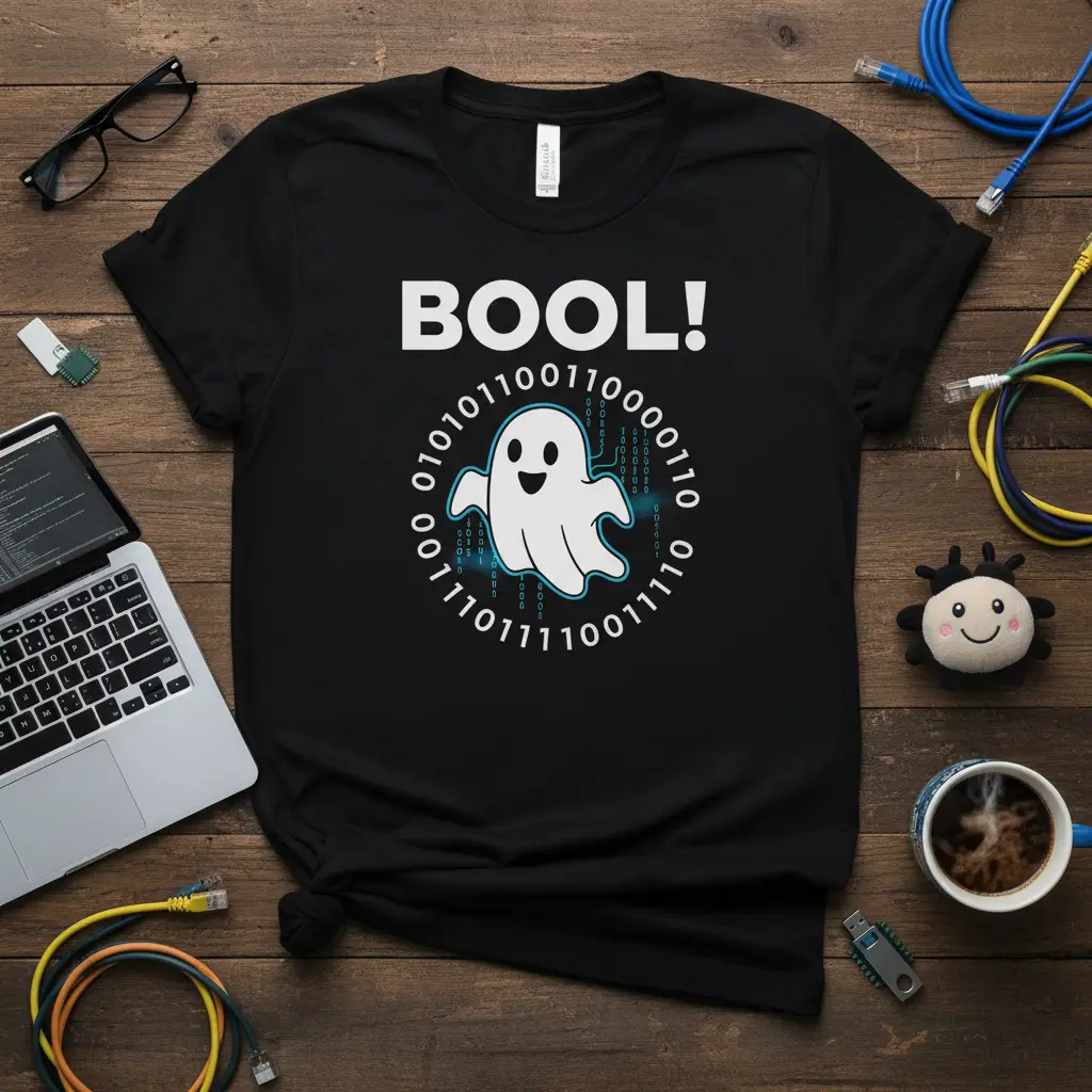 Bool! Binary Ghost T-Shirt with programmer humor and Halloween tech theme
