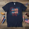 Boom Boom Baby t-shirt with patriotic USA flag letters and fireworks graphic, navy blue