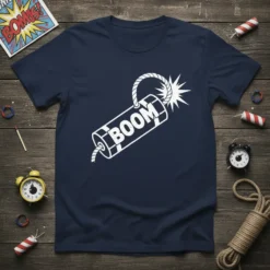 BOOM text on a dynamite stick graphic with an explosion effect, retro comic style t-shirt design