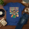 Boomer Energy retro graphic t-shirt with a man flexing his bicep, featuring 70s-style sunburst and bold typography
