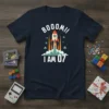 BOOOOM!! I AM 07 text with a cartoon rocket launching from clouds on a navy blue birthday t-shirt for kids