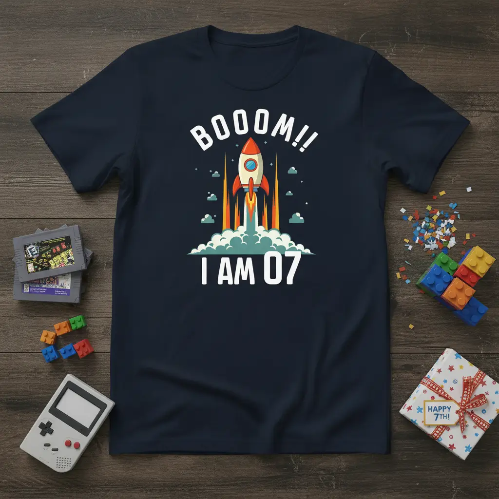 BOOOOM!! I AM 07 birthday t-shirt design with a rocket ship blasting off, designed for seven-year-olds