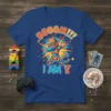 BOOOOM!!! I AM 7 birthday t-shirt with a dabbing cat robot graphic and orange starbursts