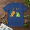 Boop! T-Shirt with a cartoon chameleon sticking its tongue out at a surprised frog, cute hearts and bubbles design