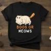 Boos Or Meows Halloween cat t-shirt with a cute ghost-covered cat graphic and orange and white text