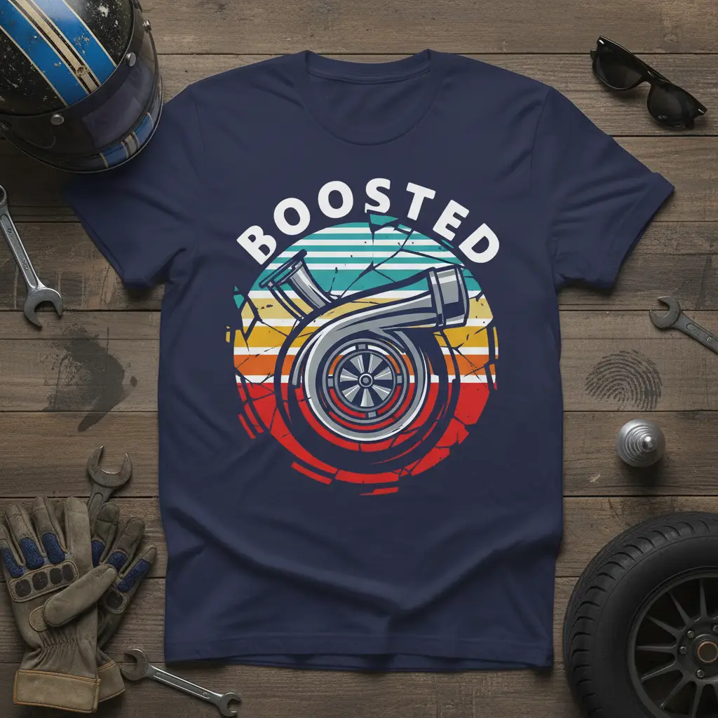 Boosted Turbocharger graphic t-shirt with retro distressed stripes and bold text