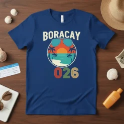 Boracay 2026 text with a retro sunset beach graphic, palm trees, and sunglasses on a blue t-shirt