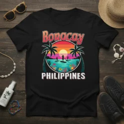 Boracay Philippines text with sunset paddleboarding scene, palm trees, and ocean life graphic on a black t-shirt