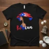 Borícua t-shirt design featuring a profile of a Latina woman wearing a Puerto Rican flag hat and the word "Borícua"