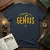 Navy t-shirt with yellow text "Borderline Genius 'ME'" in a distressed vintage style