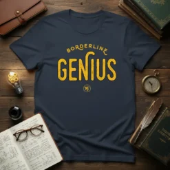 Navy t-shirt with yellow text "Borderline Genius 'ME'" in a distressed vintage style