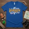 Blue t-shirt with the word "BORIKEN" in yellow stylized font, surrounded by white coqui frogs and sea turtles, with sun