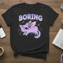 Black t-shirt with "BORING" text and a cute purple cat with bat wings and an eyepatch, music notes, and stars