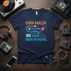 Born Analog Grew Up Digital text design with retro cassette, vinyl record, and circuit board graphics