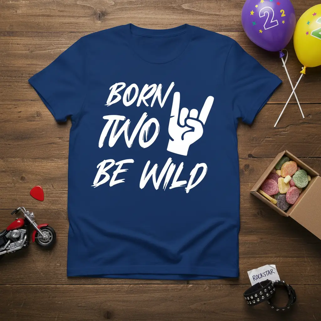 Born Two Be Wild text and rock hand gesture graphic on a blue t-shirt, perfect for a two-year-old's birthday celebration
