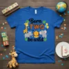 Born TWO be wild text with safari animals like giraffe, rhino, lion, and elephant on a blue t-shirt