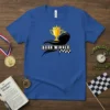 Born Winner text with trophy and checkered flag graphic on a royal blue t-shirt, symbolizing achievement and racing
