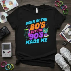 Born in the 80's But the 90's Made Me text with retro arcade, boombox, and sneaker graphics on a black