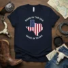 Navy t-shirt with "Born in the USA Made in Texas" text and Texas map filled with American flag design