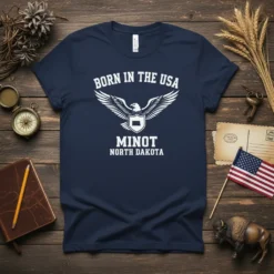 Born in the USA Minot North Dakota t-shirt with eagle graphic and state outline