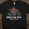 Born to Be Wild Ride Free t-shirt design with a cat wearing a helmet and bandana on a motorcycle