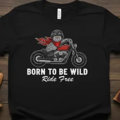 Born to Be Wild Ride Free t-shirt design with a cat wearing a helmet and bandana on a motorcycle