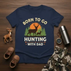 Born to Go Hunting With Dad t-shirt design featuring deer, trees, and a sunset graphic