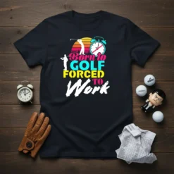 Born to Golf Forced to Work funny golf quote t-shirt design with golfer silhouette and alarm clock graphic