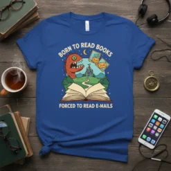 Born to Read Books Forced to Read E-mails funny t-shirt with monster, castle, and open book graphic