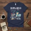 Born to Read Pages Over Paychecks Forced to Work quote t-shirt design with woman at computer and stack of books