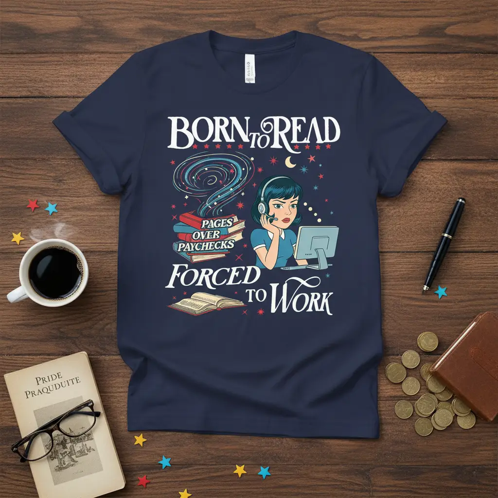 Born to Read Pages Over Paychecks Forced to Work humorous quote on a t-shirt with reading and work graphics