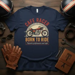 Born to Ride Cafe Racer T-Shirt with vintage motorcycle graphic and "Superior performance and style" text
