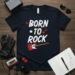 Born To Rock T-Shirt featuring white distressed text and a red electric guitar graphic, perfect for rock music fans