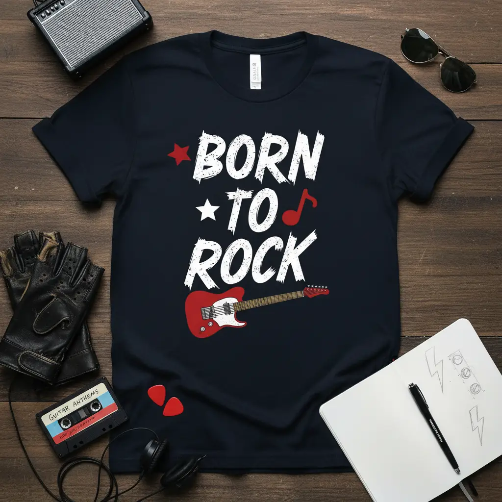 Born To Rock T-Shirt design with distressed white lettering and a red electric guitar graphic, ideal for rock music lovers
