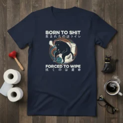 Black cat sitting on a toilet with text "Born to Shit Forced to Wipe" and Japanese characters, on a navy