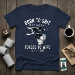 Superhero cat in a dynamic pose on a toilet with toilet paper, "Born to Shit Forced to Wipe" text, Japanese