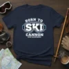 Born to Ski Cannon New Hampshire text with ski goggles graphic on a navy blue t-shirt