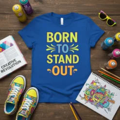 Born to Stand Out text design on a royal blue t-shirt, featuring vibrant yellow, green, and orange lettering with decorative