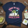 Born to Yap Forced to Work frog design with a frog on the phone at a desk. Includes text in