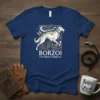 Borzoi dog t-shirt with "Borzoi The Wind's Embrace" text and a depiction of a running sighthound in decorative frame