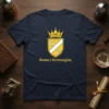 Bosna i Hercegovina text with coat of arms featuring a crown and fleur-de-lis on a navy blue t-shirt