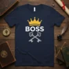 Navy blue t-shirt with the word BOSS in white letters and a gold crown above crossed silver keys