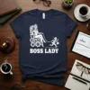 Boss Lady t-shirt design featuring a queen on a throne pulling a man on a leash, with bold text below