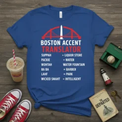 Boston Accent Translator T-Shirt with list of Boston slang translations like Suppah for liquor store and Wicked Smaht for intelligent