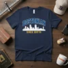 Navy blue t-shirt with "BOSTONIAN SINCE BIRTH" text and white Boston skyline graphic