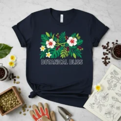 Navy t-shirt with "BOTANICAL BLISS" text and a vibrant floral design featuring hibiscus flowers and tropical leaves