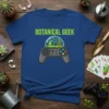 Botanical Geek t-shirt design featuring a video game controller with a small terrarium inside, text above reads "BOTANICAL GEEK"
