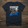 Bourbon Cats On Horses t-shirt design featuring a black cat with bourbon barrels and a blue horse graphic