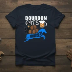 Bourbon Cats On Horses t-shirt design featuring a black cat with bourbon barrels and a blue horse graphic